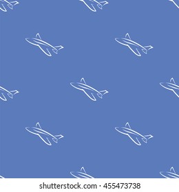 Vector Seamless Aircraft Blue Background. White Airplane Pattern