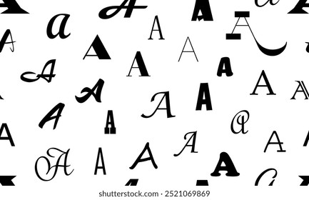 Vektor nahtloses Alphabet Muster mit schwarzen fetten lateinischen Buchstaben. Weiß wiederholbarer ungewöhnlicher Hintergrund. Mode trendy Design. Nahtloses schwarzes Alphabetmuster auf Weiß. Buchstabe A