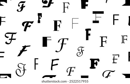 Vector seamless alphabet pattern with black bold latin letters. White repeatable unusual background. Fashion trendy design. Seamless black alphabet pattern on white. Letter F