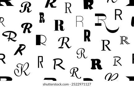 Vector seamless alphabet pattern with black bold latin letters. White repeatable unusual background. Fashion trendy design. Seamless black alphabet pattern on white. Letter r