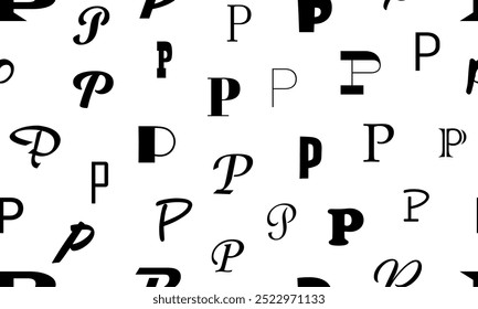 Vector seamless alphabet pattern with black bold latin letters. White repeatable unusual background. Fashion trendy design. Seamless black alphabet pattern on white. Letter p