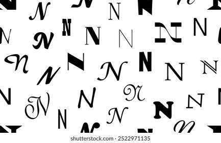 Vector seamless alphabet pattern with black bold latin letters. White repeatable unusual background. Fashion trendy design. Seamless black alphabet pattern on white. Letter n