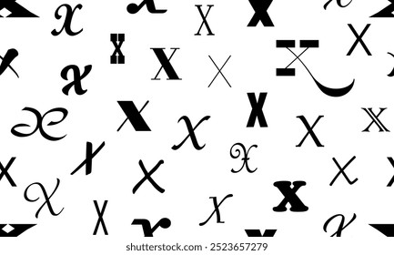 Vector seamless alphabet pattern with black bold latin letters. White repeatable unusual background. Fashion trendy design. Seamless black alphabet pattern on white. Letter x