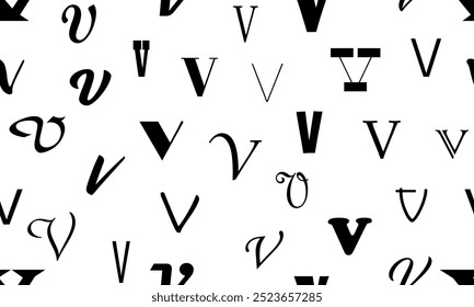 Vector seamless alphabet pattern with black bold latin letters. White repeatable unusual background. Fashion trendy design. Seamless black alphabet pattern on white. Letter v