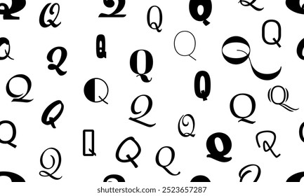 Vector seamless alphabet pattern with black bold latin letters. White repeatable unusual background. Fashion trendy design. Seamless black alphabet pattern on white. Letter q