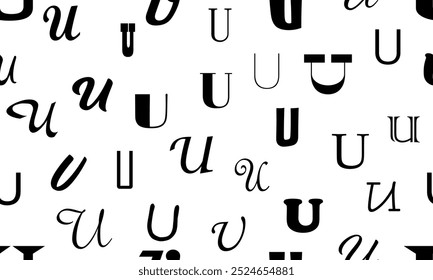 Vector seamless alphabet pattern with black bold latin letters. White repeatable unusual background. Fashion trendy design. Seamless black alphabet pattern on white. Letter U