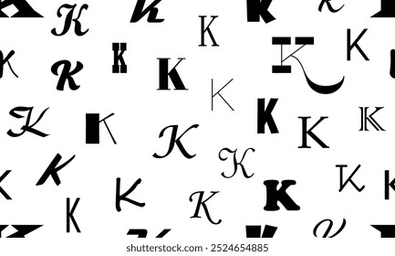 Vector seamless alphabet pattern with black bold latin letters. White repeatable unusual background. Fashion trendy design. Seamless black alphabet pattern on white. Letter K