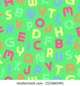 Vector seamless alphabet pattern with colorful latin letters. Green children repeatable background. Bright textile print