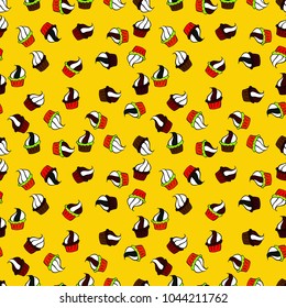 Vector. Seamless amazing festive cakes and tasty cupcakes of unusual design. Cute birthday pattern on yellow, white and brown.