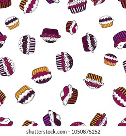 Vector. Seamless amazing festive cakes and tasty cupcakes of unusual design. Cute birthday pattern on white, purple and black.