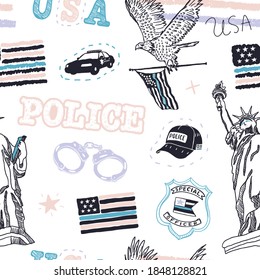 Vector seamless American pattern for textiles. Background with USA Police flag, eagle for t-shirt design, wrapping paper. Lettering, illustration for American Holidays.