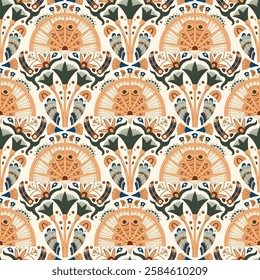 Vector seamless ancient Egyptian pattern with stylized lotus flowers, sacred symbols, and decorative elements. Luxurious heritage design inspired by traditional Egyptian art and mythology.