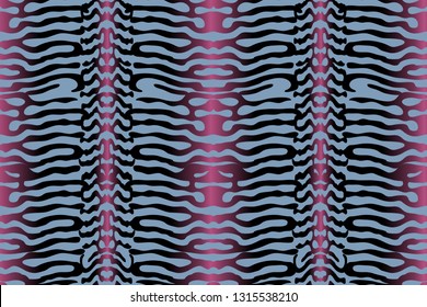 Vector seamless animal pattern. Black and pink stripes on blue background. The natural pattern of abstract lines like the scales of a mackerel, animal skin or Indian feathers. Art graphic print.