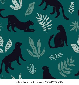 Vector seamless animal pattern. Black Panthers in moving positions with tropical leaves and plants. Seamless zoo texture for fabric design.