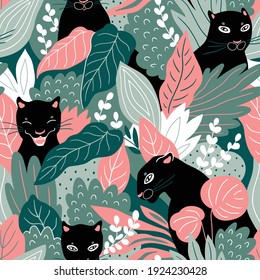 Vector seamless animal pattern. Black Panthers  with tropical leaves and plants. Seamless zoo texture for fabric design.