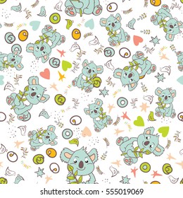 Vector seamless animal pattern with charming bear koala, flowers and leaves.