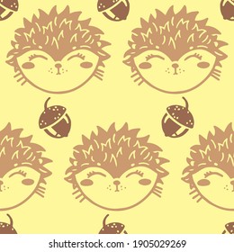 Vector seamless animal pattern for kids. Hedgehog and acorns on a yellow background.
