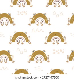 Vector seamless animal pattern with silhouettes of frogs or toads with body in see rainbow.. Flat cartoon style. 