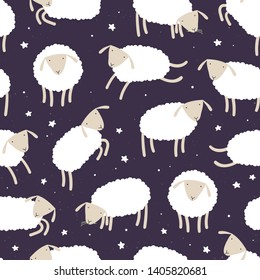 Vector seamless animal tile pattern. Scandinavian cute cartoon print of sheeps jump, stay, graze isolated on night sky background. Texture for fabric, textile, paper. Concept of sheep counting