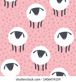 Vector seamless animal tile pattern. Scandinavian romantic cartoon print of sheeps on red hearts background. Texture for fabric, textile, paper. Concept child parents love. EPS10 Illustration.