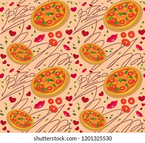 Vector seamless appetizing pattern with pizza, herbs, tomatoes, hearts and smiles.