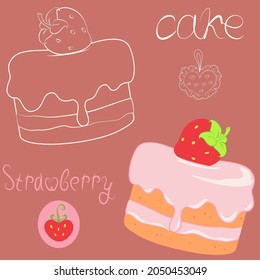 Vector seamless appetizing pattern - strawberry cake in the form of contours and full color, lettering strawberry and cake in different fonts, decorative elements for the kitchen, pastry shop.