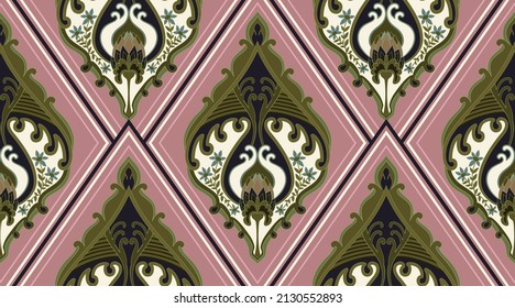 Vector seamless arabian wallpaper. Rhombus ornament background. Pink, green ornamental wallpaper. Vector damask pattern. Floral ethnic ornamental seamless pattern. Abstract ethnic pattern