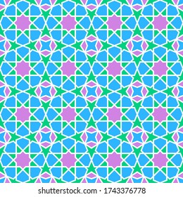 Vector seamless arabic or islamic ornament in blue-green-violet colors with 4-fold symmetry