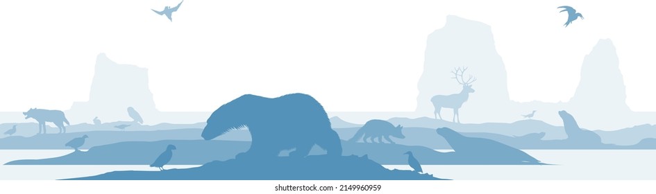 vector seamless arctic with animals: polar bear, arctic fox, caribou, snowy owl, seal, reindeer, wolf, sea lion, common murre, horned puffin, seagull and icebergs