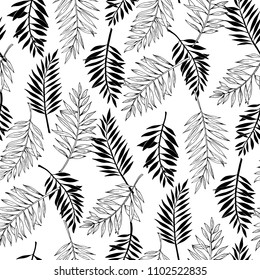 Vector seamless areca palm leaves pattern. Exotic foliage. Line drawings and silhouettes. Black and white