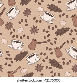 vector seamless aroma coffee pattern with cup, beans and spices.