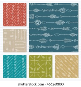 Vector seamless arrows patterns set. Sketch native ethnic arrows. Boho and hippie style illustration. Tribal duotone boundless backgrounds.