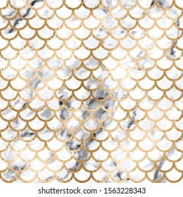 Vector seamless art deco pattern with gold lines and gray marble scales. Metallic geometric abstract texture on white background 