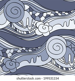 Vector seamless art pattern. Blue abstract waves. Stained glass background.