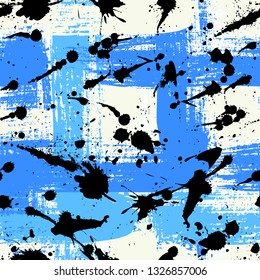 Vector seamless art pattern with splatters of paint, hand drawn in 1990s grunge fashion style. Splatter pattern with colorful bold brush strokes. Vector bright blue brushstrokes background