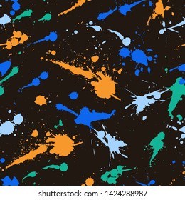 Vector Seamless Art Pattern With Splatters Of Paint, Hand Drawn In 1990s Grunge Fashion Style. Splatter Pattern With Colorful Bold Brush Strokes. Vector Bright Brushstrokes Background