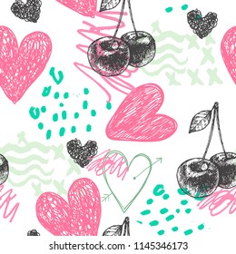 Vector seamless artistic hand drawn pattern. Cherries, doodle hearts, strokes