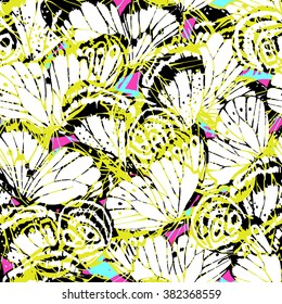 vector seamless artistic hand drawn graphical butterfly wings pattern, spring summer mood, holidays, stylish bright background print, playful butterflies texture 