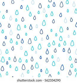 Vector seamless artistic pattern of raindrops. Colored different shades of blue abstract doodle drops. Simple hand drawn objects. Use for wrapping paper, wallpaper, print, banner, flyer design. 