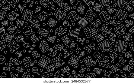Vector seamless assessment, Audit, analysis, plan, evaluation, quality process, result and goal pattern with line icons on background