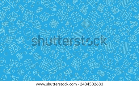 Vector seamless assessment, Audit, analysis, plan, evaluation, quality process, result and goal pattern with line icons on blue background