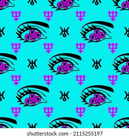 Vector seamless astrological pattern with eyes and pattern with alchemy symbols. Abstract occult and mystic signs. Magic print and astrology background. Seamless pattern.