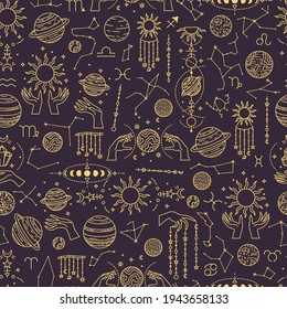 Vector seamless astrological pattern with planets and constellations. 