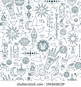 Vector seamless astrological pattern with planets and constellations. 