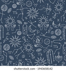 Vector seamless astrological pattern with planets and constellations. 