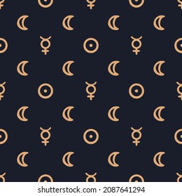Vector seamless astrological pattern with planets, stars and pattern with alchemy symbols. Abstract occult and mystic signs. Magic print and astrology background. Seamless pattern. 