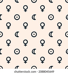 Vector seamless astrological pattern with planets, stars and pattern with alchemy symbols. Abstract occult and mystic signs. Magic print and astrology background. Seamless pattern. 