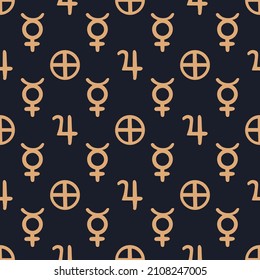 Vector seamless astrological pattern with planets, stars and pattern with alchemy symbols. Abstract occult and mystic signs. Magic print and astrology background. Seamless pattern.