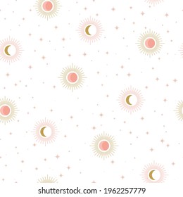 Vector seamless astrology background with sun, moon and stars. Female woman magic pattern. Fabric textile print.