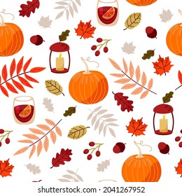 Vector seamless autumn background - pumpkins, oak leaves, maple, acorns and fruits . The pattern of Thanksgiving, autumn festive on a white background.